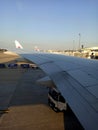 Airport Charles de Gaulle, Paris, France - September 09 2023 : wing seen from a plane before take off Royalty Free Stock Photo