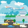 Airport in city design. Busy traffic, buses and taxis, buildings