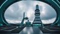 airport control tower _A modern space center with a circular structure and a tower. The space center is located on a blue Royalty Free Stock Photo