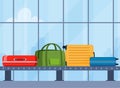 Airport conveyor belt with luggage. Carousel system with travel suitcases and bags with stickers. Cartoon baggage claim area. Royalty Free Stock Photo