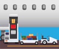 Airport conveyor truck loading bags to airplane in flat illustration vector Royalty Free Stock Photo