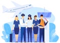 Airport crew standing together, professional airline team in uniform, people vector illustration