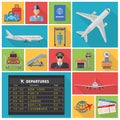 Airport decorative flat icons set with airplanes departures schedule pilot ticket luggage Royalty Free Stock Photo