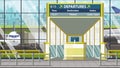 Airport terminal. Departure board above the gate with Hanoi text. Travel to Vietnam cartoon illustration