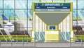 Airport terminal. Departure board above the gate with Ibadan text. Travel to Nigeria cartoon illustration