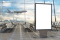 Airport departure lounge. Blank billboard stand and airplane on background Royalty Free Stock Photo