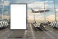 Airport departure lounge. Blank billboard stand and airplane on background. Royalty Free Stock Photo