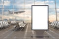 Airport departure lounge. Blank billboard stand and airplane on background. Royalty Free Stock Photo