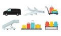 Airport Design Elements Set, Different Transport Types, Service Facilities, Conveyor Baggage Belt, Row Seats Security