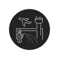 Airport disinfection black glyph icon. Worker in protective suit with disinfector sprayer. Cleaning service. Pictogram