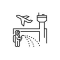 Airport disinfection black line icon. Worker in protective suit with disinfector sprayer. Cleaning service. Pictogram for web,