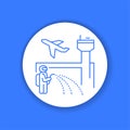 Airport disinfection color glyph icon. Worker in protective suit with disinfector sprayer.