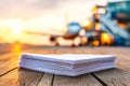 Airport documents prepared for travel on a wooden surface with an airplane in the background at sunset Royalty Free Stock Photo