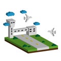 Airport flat 3d web concept vector. Terminal building, airfield, runway airstrip landing strip,