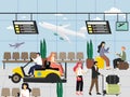 Airport hall interior with passengers waiting for flight, moving by electric car. Transit people buggy services, vector.