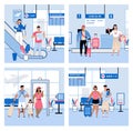 Airport halls interior set with traveling families, sketch vector illustration.