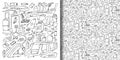 Airport hand drawn doodle set and seamless pattern