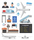 Airport icon set with pilot, stewardess, aircraft and equipment Royalty Free Stock Photo