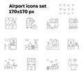 Airport icon set vector. Boarding gate, receipt of baggage are shown. Arrivals, departure areas. Customs, security