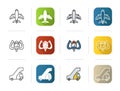 Airport icons set. Flat design, linear and color styles. Aircraft, control wheel, passengers ladder symbol. Isolated