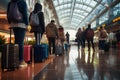 Airport immigration line, families, tourists, luggage, jet setting on a global vacation