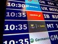 Airport information board close-up in modern Spanish Europe Airp