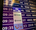 Airport information board close-up in modern Spanish Europe Airp