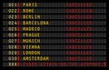 Airport information display with cyber attack warning message, cancelled and delayed flights, vector illustration