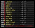 Airport information display with security checkpoints closed message.Cancelled and delayed flights due to shortage of security gua