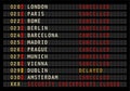 Airport information display with security checkpoints closed message, cancelled and delayed flights, vector illustration