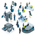 Airport isometric icons set of reception and passport check desk, waiting room, transit area, passengers are waiting for boarding