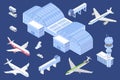 Airport isometric icons set, vector illustration with isolated airplanes and special equipment for airport terminal for Royalty Free Stock Photo