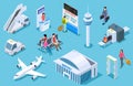 Airport isometric. Passenger luggage, airport terminal. Tower plane passport checkpoint. Business airline travel
