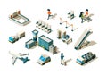 Airport isometric. Terminal equipment security controlling passengers baggage ladder entrance station arrival service