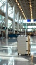 Airport journey Luggage bag in terminal, trolley suitcase, aerodrome backdrop