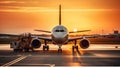 Airport land crew doing flight service for passenger airplane at sunset time. Generative AI