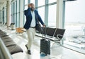 Airport, late and running black man for business flight, plane journey and travel terminal. Businessman, hurry and rush Royalty Free Stock Photo