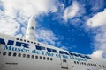 The double-deck Boeing 747, the world`s second largest passenger commercial airplane at the airport Le Bourget, Paris, France