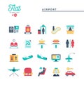 Airport, luggage scanning, flight, rent a car and more, flat icons set Royalty Free Stock Photo