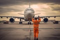 Airport marshaller signaling with light signs to a plane - Generative AI Royalty Free Stock Photo