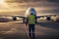 Airport marshaller signaling with light signs to a plane - Generative AI Royalty Free Stock Photo