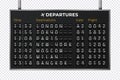 Airport mechanical scoreboard. Realistic equipment board message departures and arrivals flight. Flipping departure