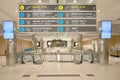 Airport navigation boards and staircase with elevators. Domodedovo airport, Russia - August 2020 Royalty Free Stock Photo