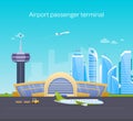 Airport passenger terminal, runway with airplanes, airport building, service customers. Royalty Free Stock Photo