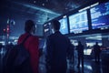 Airport passengers observing flight information screens, modern transit ambiance during twilight