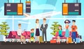 Airport passengers waiting for flight flat vector illustration. Travelers sitting in departure lounge. Cartoon tourists