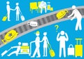 The airport, the pilot, an immigrant, a tourist visitor, passengers, baggage, flight, icon, family. Vector illustration.