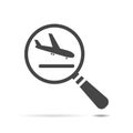airport plane arrival icon with magnifying glass on white background, search air flight sign flat