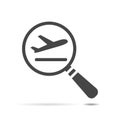 airport plane departure icon with magnifying glass on white background, search air flight sign flat