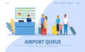 Airport, queue to check in registration desk, people passengers vector illustration web.